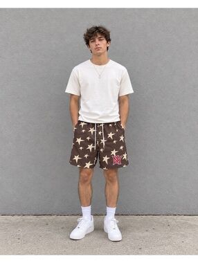 ROMWE Men’s Brown Star Print Drawstring Shorts Size S